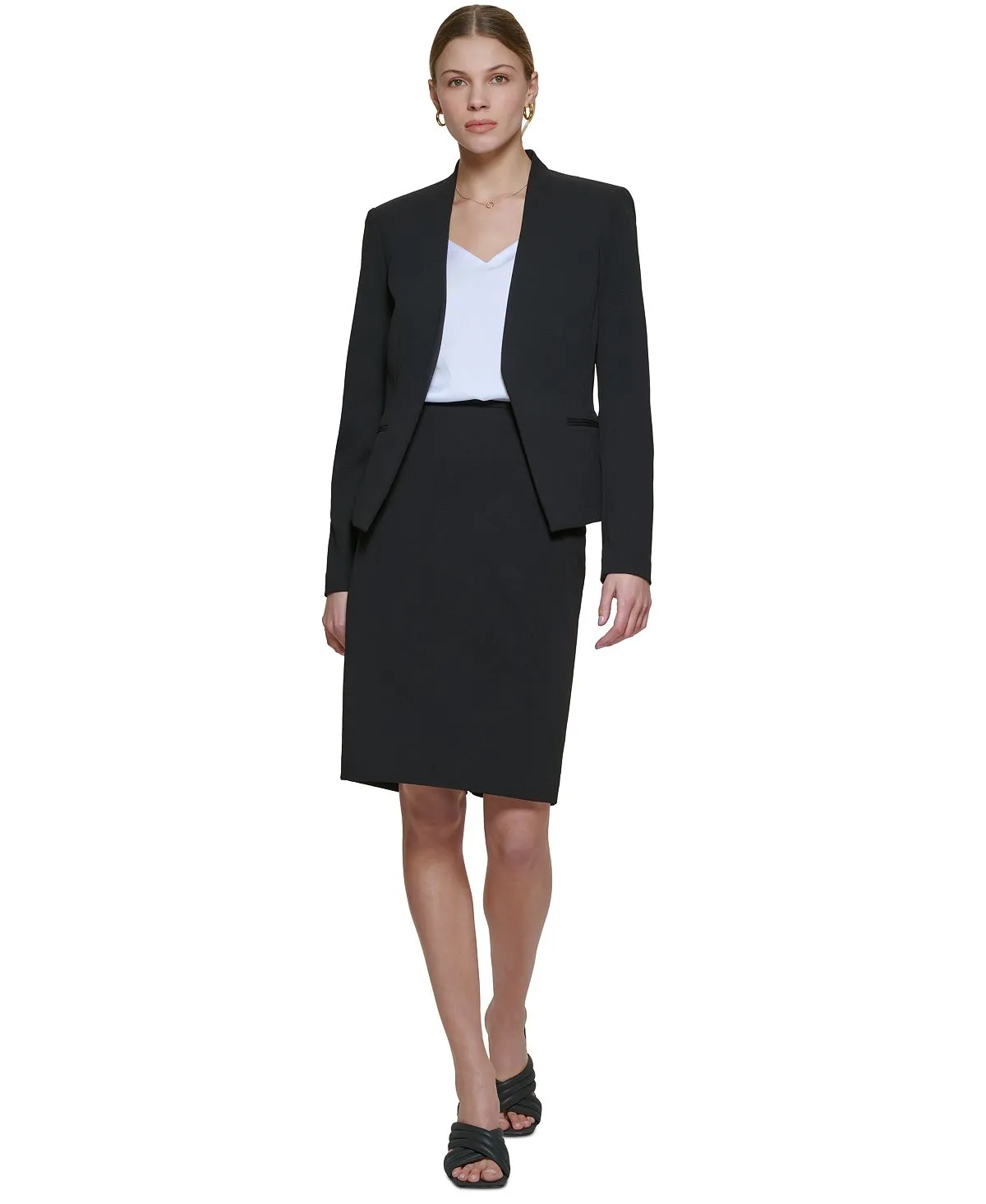 Asymmetrical open front jacket standard and petite sizes Calvin Klein, black