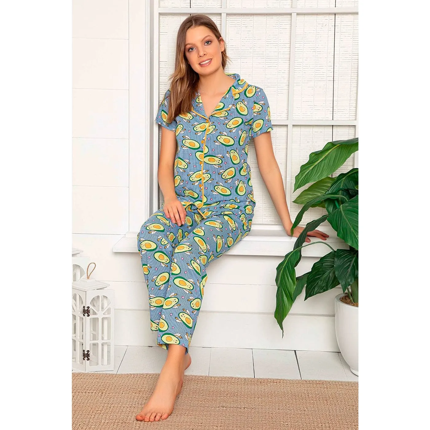 Blue Buttoned Short Sleeve Pajamas Set