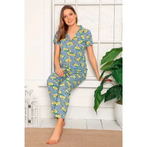 Blue Buttoned Short Sleeve Pajamas Set