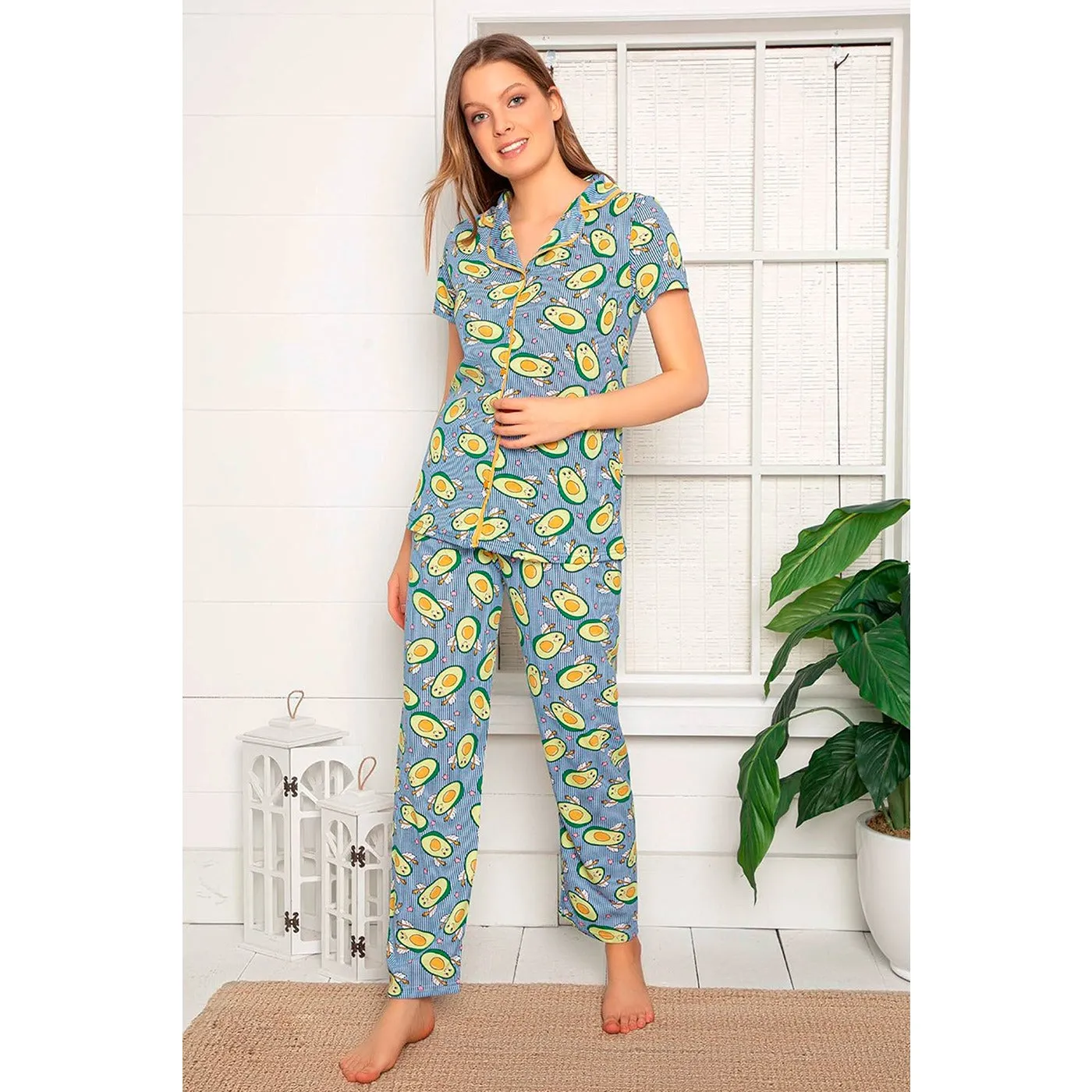 Blue Buttoned Short Sleeve Pajamas Set