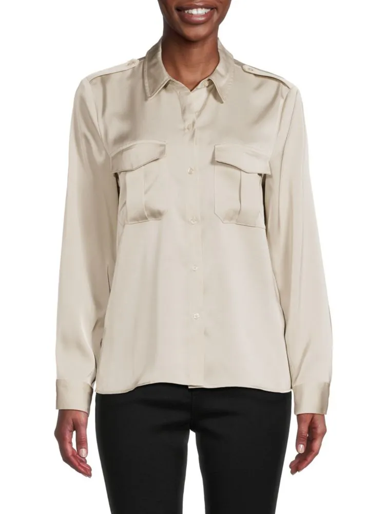 Calvin Klein Satin Button Down Shirt with Cargo Pockets, Beige