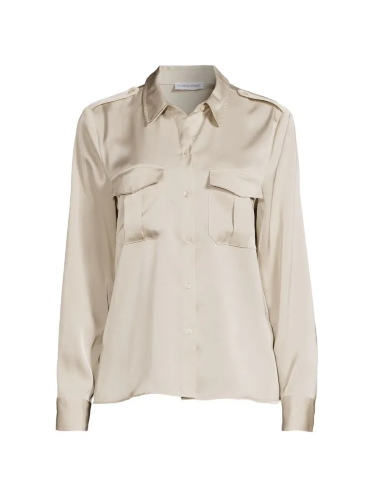 Calvin Klein Satin Button Down Shirt with Cargo Pockets, Beige