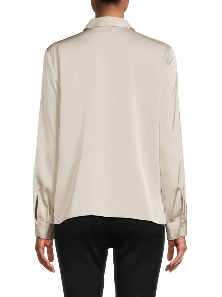 Calvin Klein Satin Button Down Shirt with Cargo Pockets, Beige