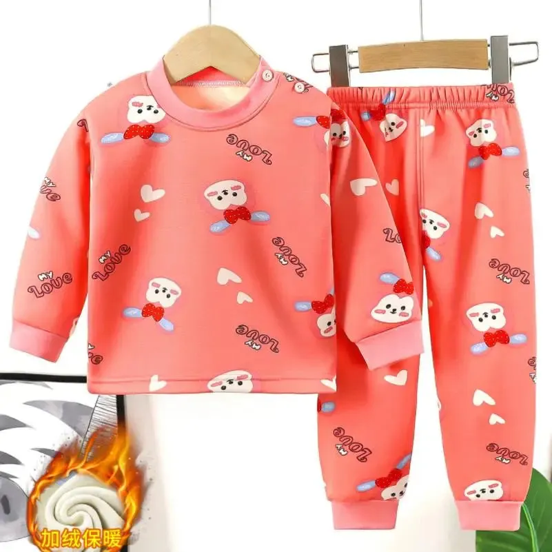 Children's warm underwear set boys girls autumn winter cartoon plush  thick pajamas set babies infants home clothing set 0-7Y