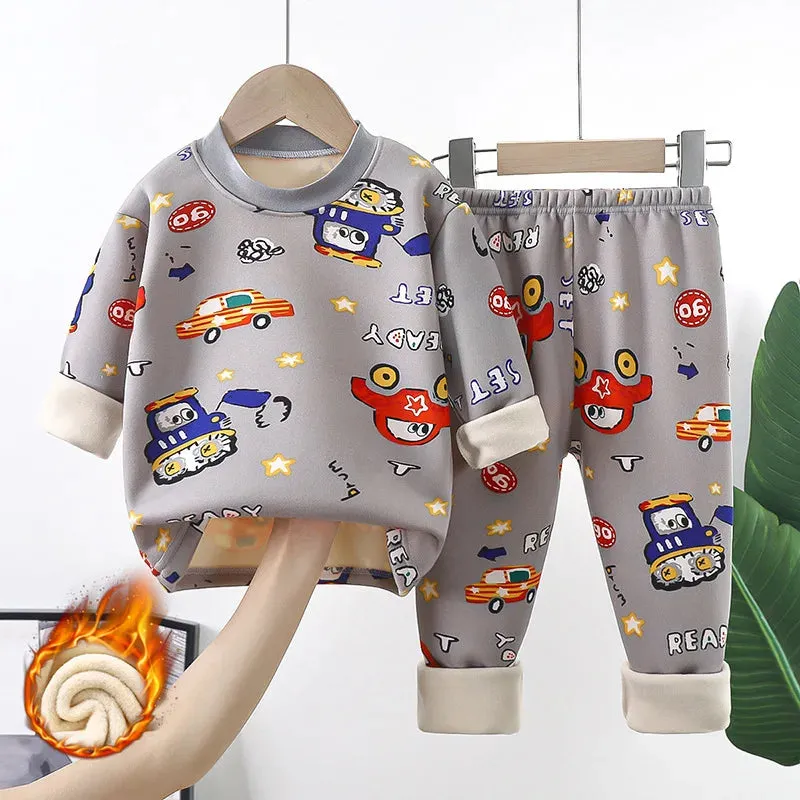 Children's warm underwear set boys girls autumn winter cartoon plush  thick pajamas set babies infants home clothing set 0-7Y