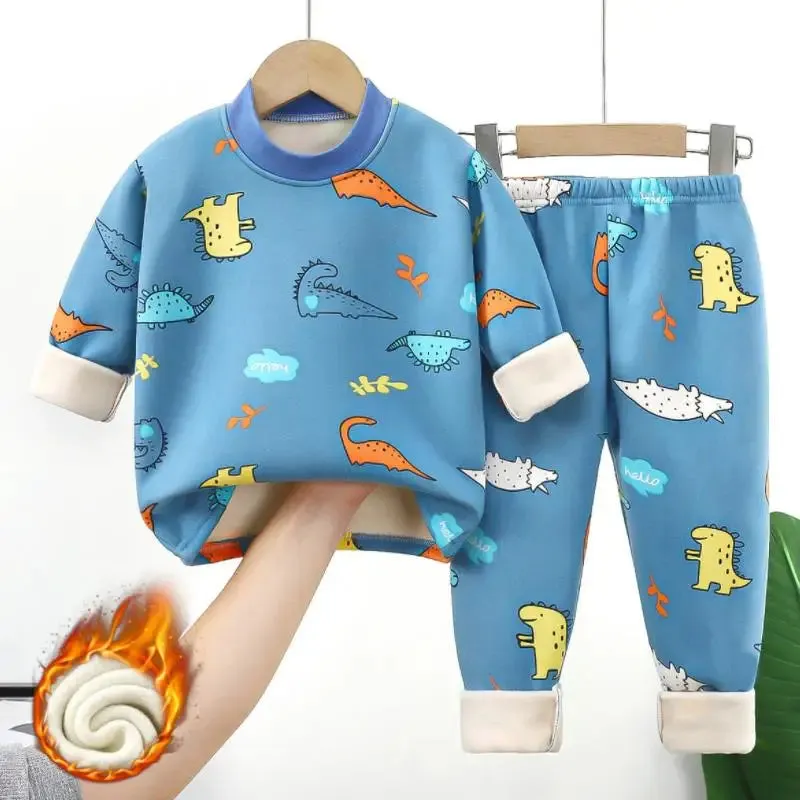 Children's warm underwear set boys girls autumn winter cartoon plush  thick pajamas set babies infants home clothing set 0-7Y
