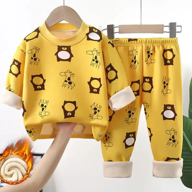 Children's warm underwear set boys girls autumn winter cartoon plush  thick pajamas set babies infants home clothing set 0-7Y