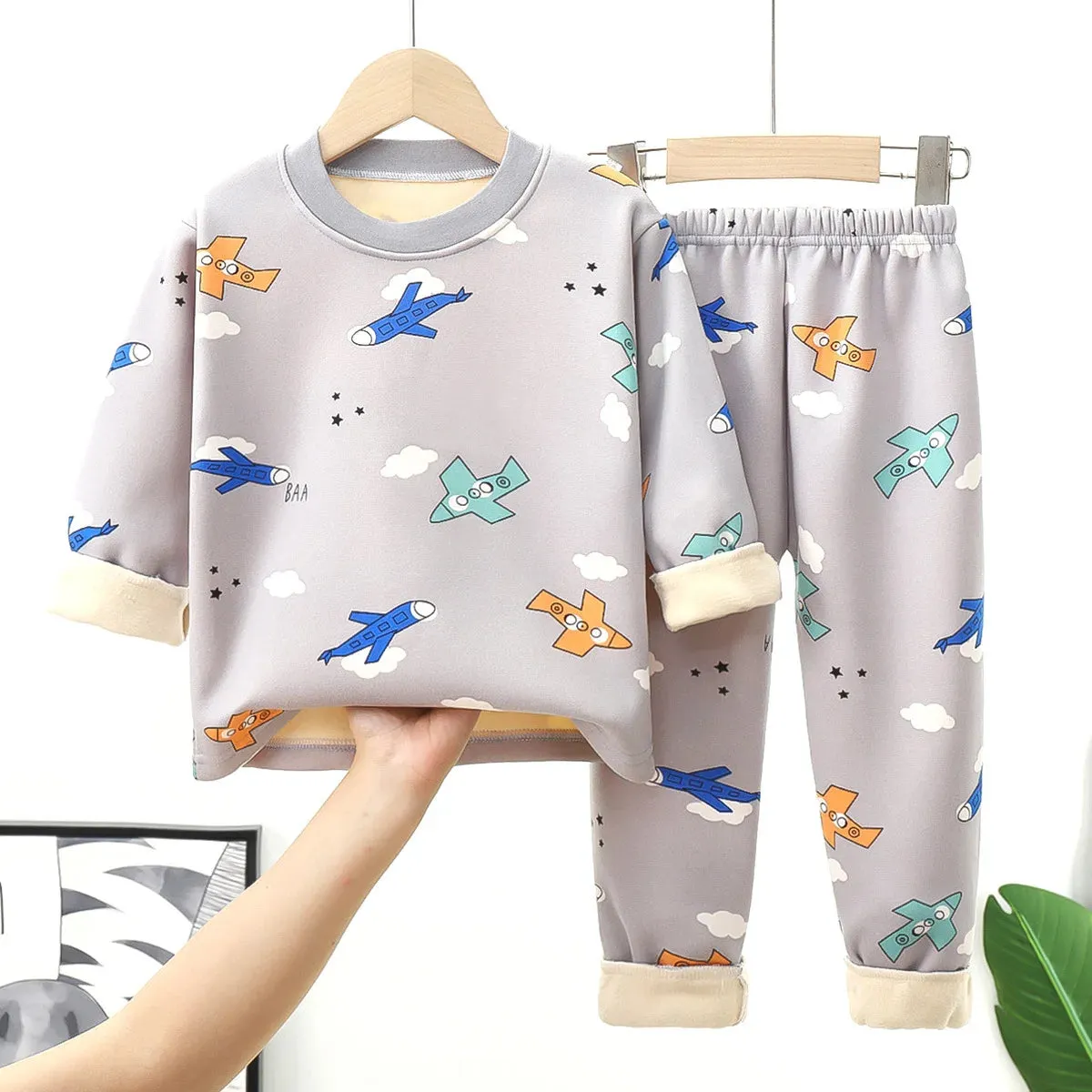 Children's warm underwear set boys girls autumn winter cartoon plush  thick pajamas set babies infants home clothing set 0-7Y
