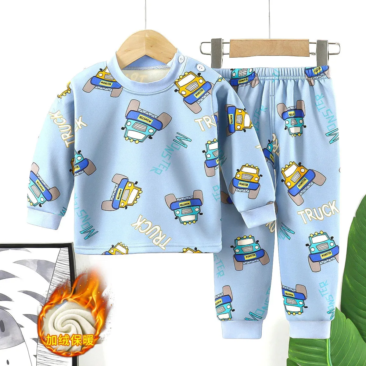 Children's warm underwear set boys girls autumn winter cartoon plush  thick pajamas set babies infants home clothing set 0-7Y