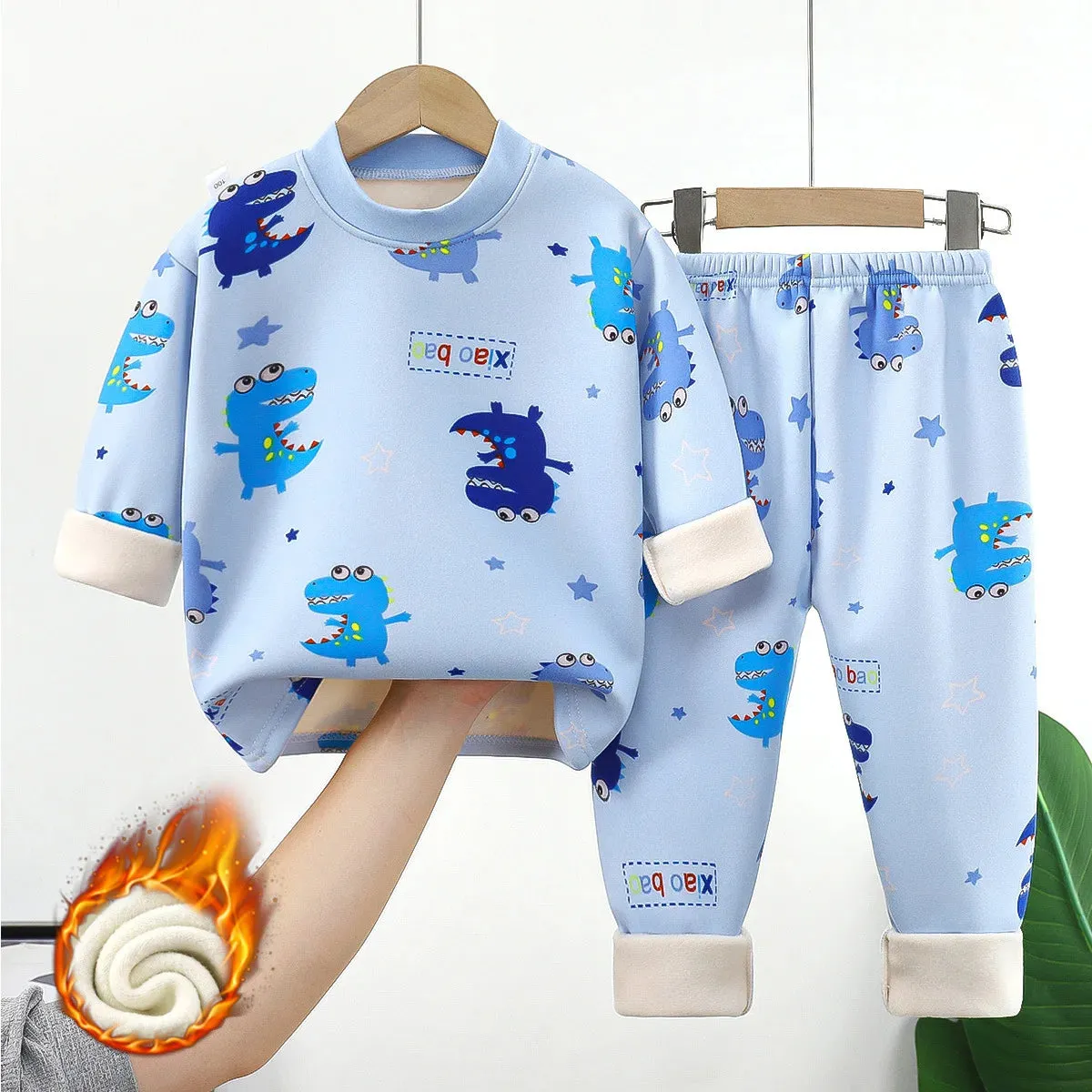 Children's warm underwear set boys girls autumn winter cartoon plush  thick pajamas set babies infants home clothing set 0-7Y