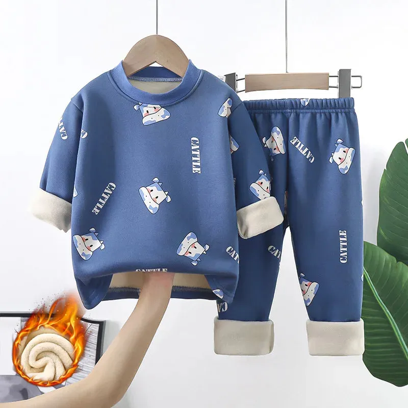 Children's warm underwear set boys girls autumn winter cartoon plush  thick pajamas set babies infants home clothing set 0-7Y
