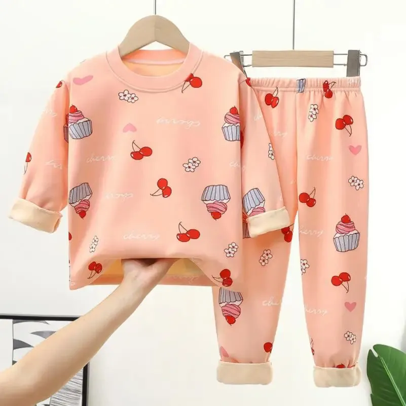 Children's warm underwear set boys girls autumn winter cartoon plush  thick pajamas set babies infants home clothing set 0-7Y