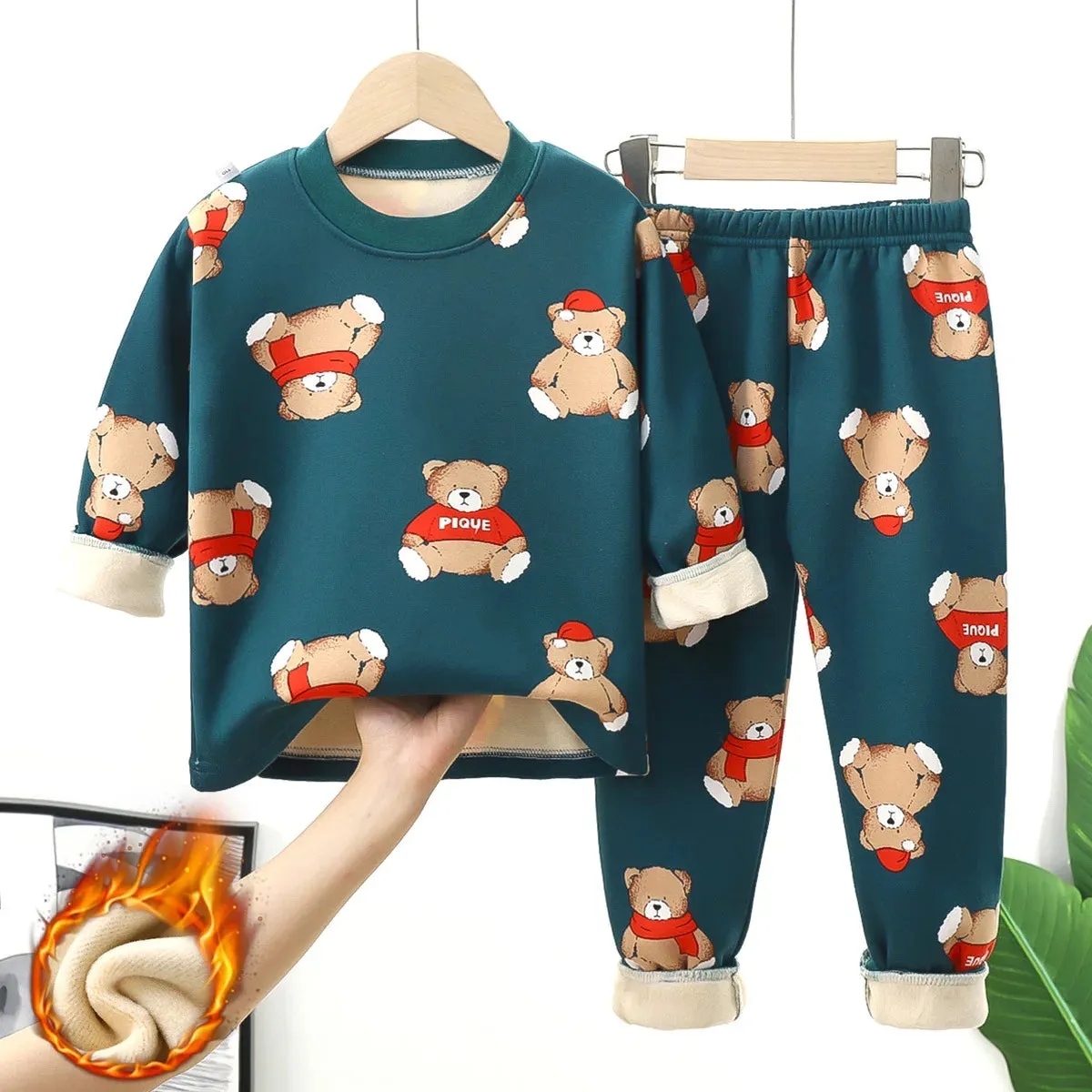 Children's warm underwear set boys girls autumn winter cartoon plush  thick pajamas set babies infants home clothing set 0-7Y