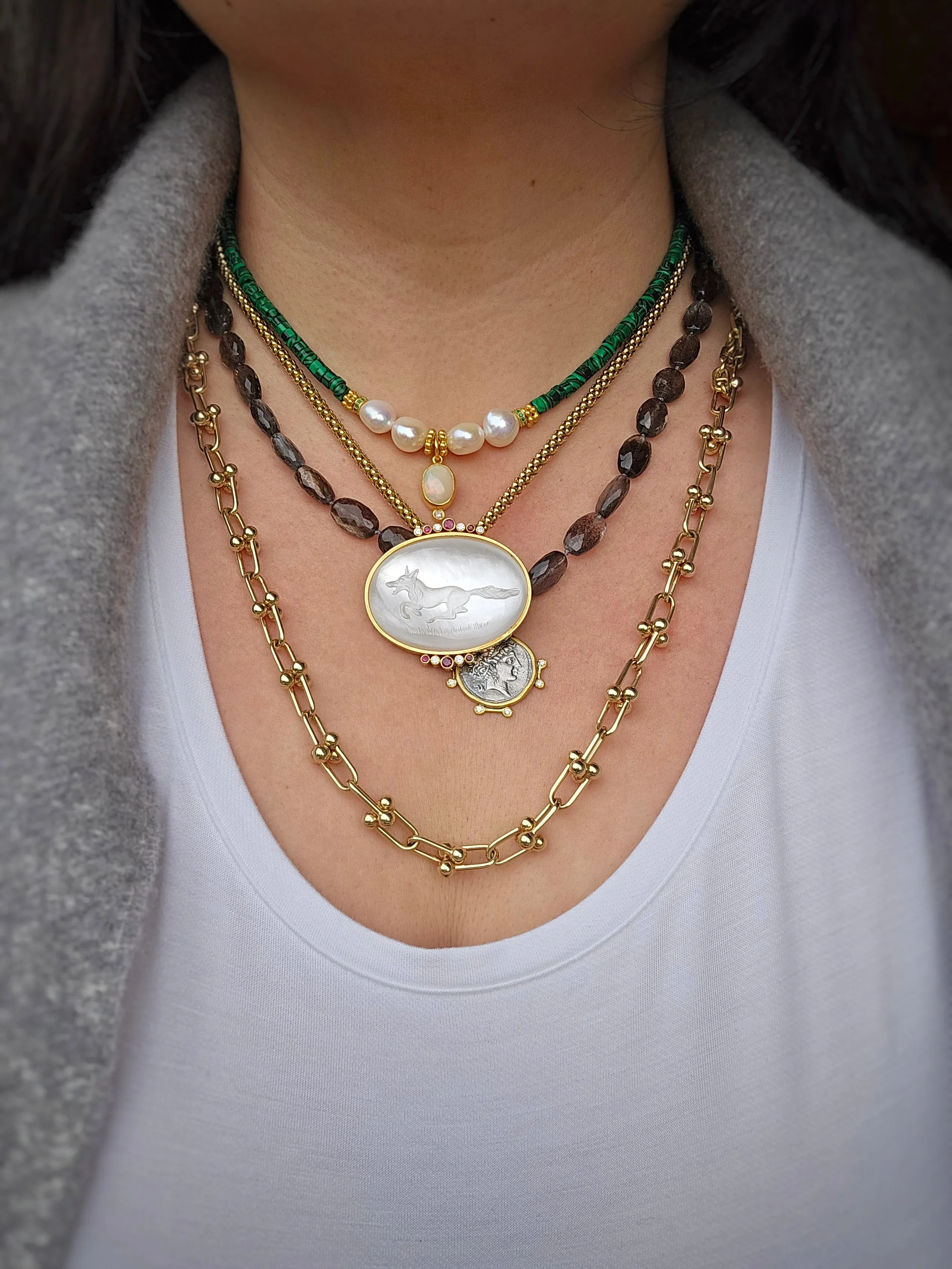 Copper Aquamarine Faceted Gemstone Necklace with Diana Goddess Diamond Pendant 22"