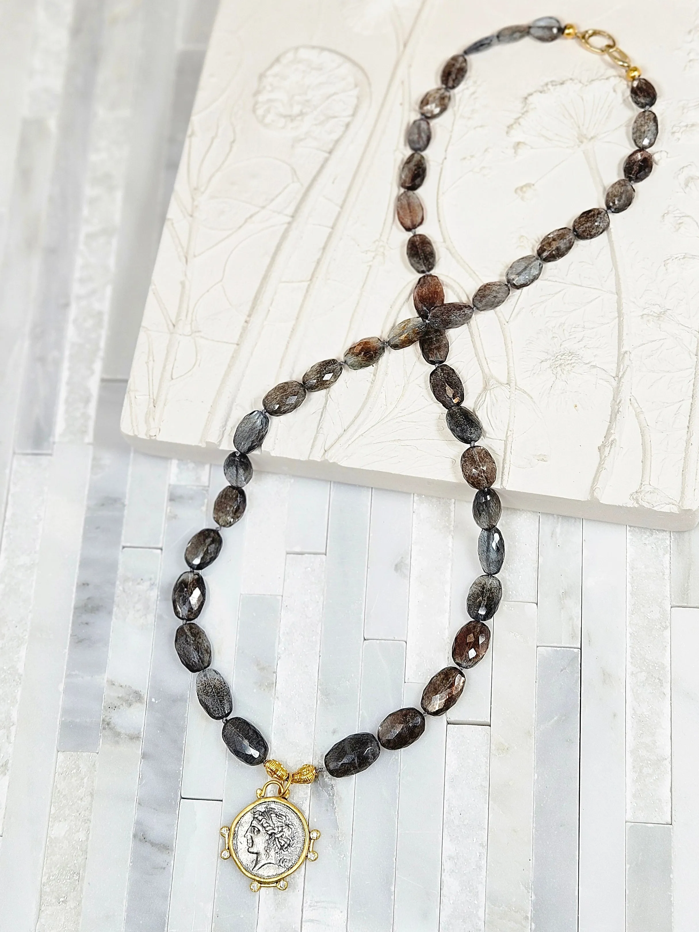 Copper Aquamarine Faceted Gemstone Necklace with Diana Goddess Diamond Pendant 22"