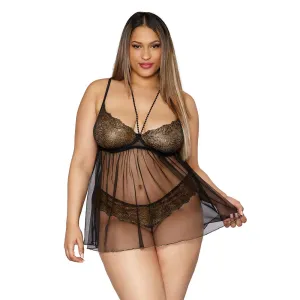Dreamgirl Lingerie Gold Foiled Stretch Lace and Mesh Babydoll Set Black - 12666X