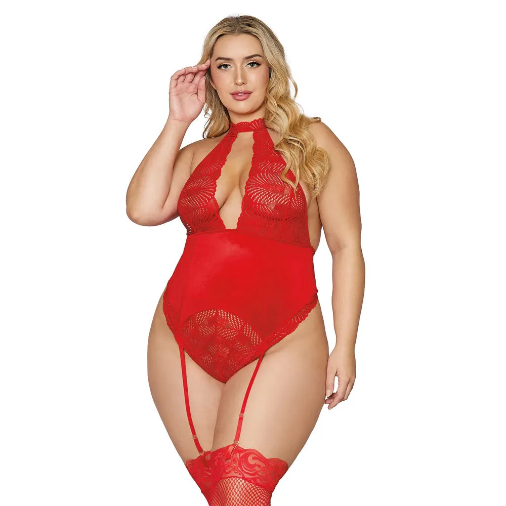 Dreamgirl Lingerie Stretch Lace and Stretch Velvet Garter Teddy Red 12670X