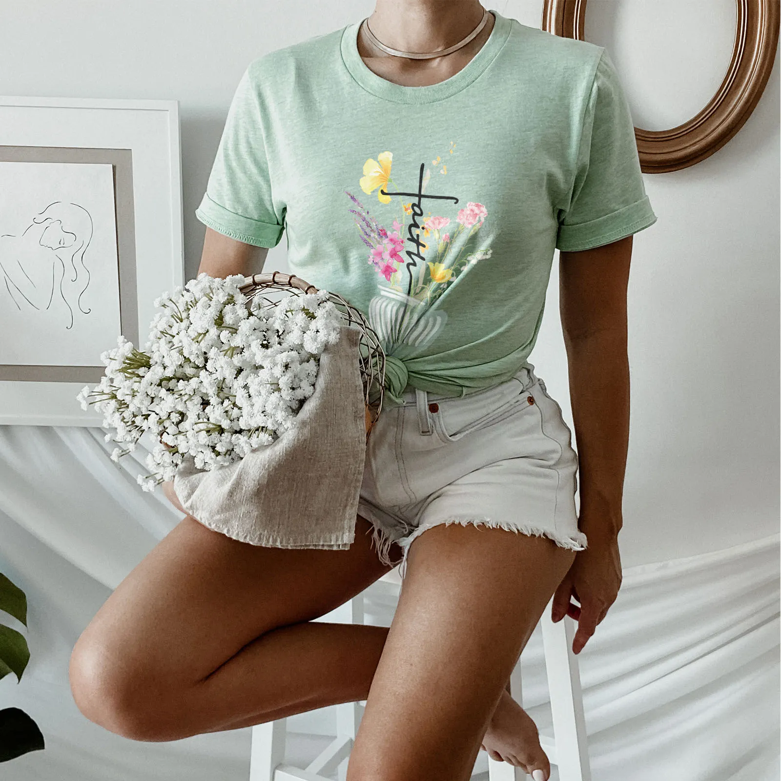 Faith Cross Vase Tee Shirts For Women - Christian Shirts for Women - Religious Tee Shirts