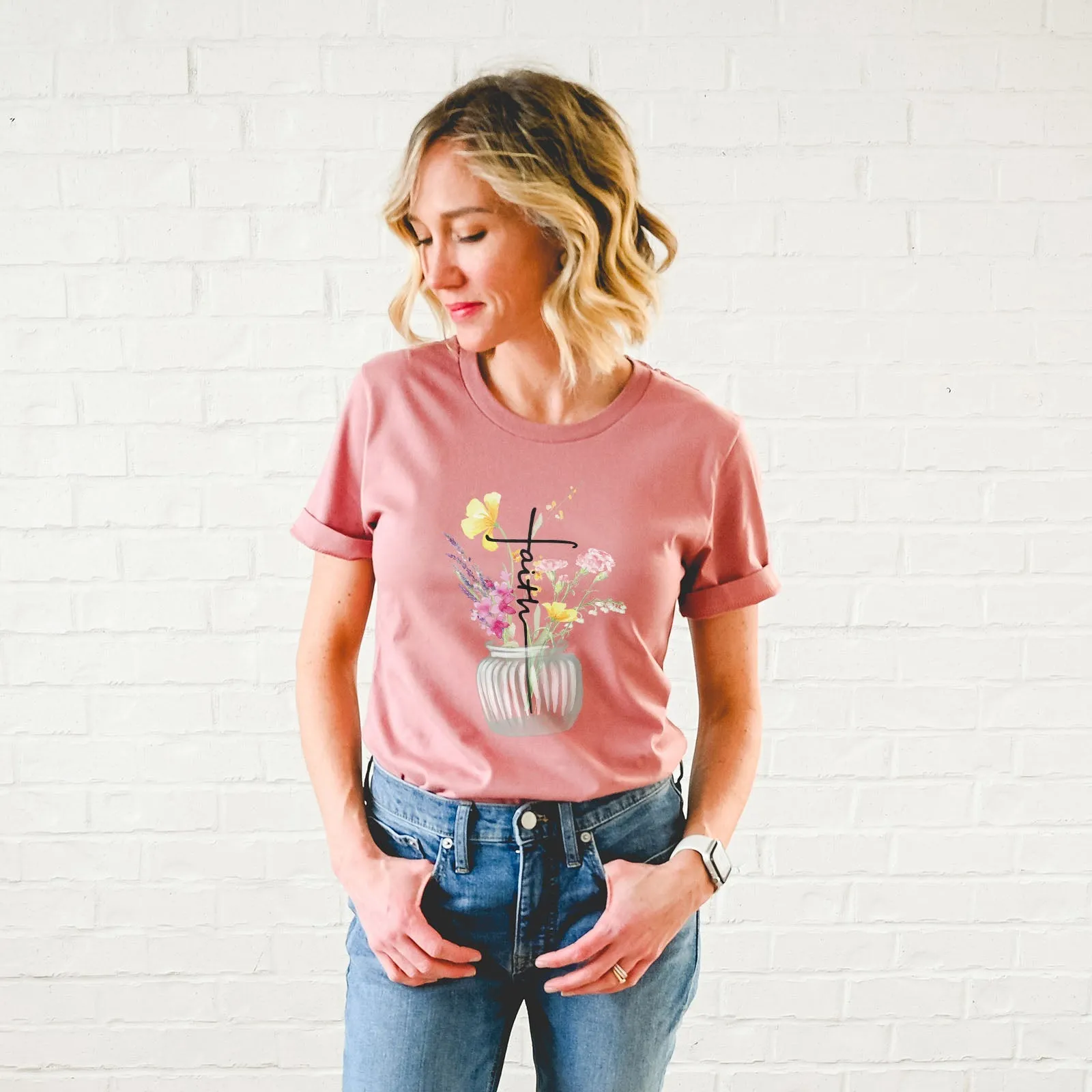 Faith Cross Vase Tee Shirts For Women - Christian Shirts for Women - Religious Tee Shirts