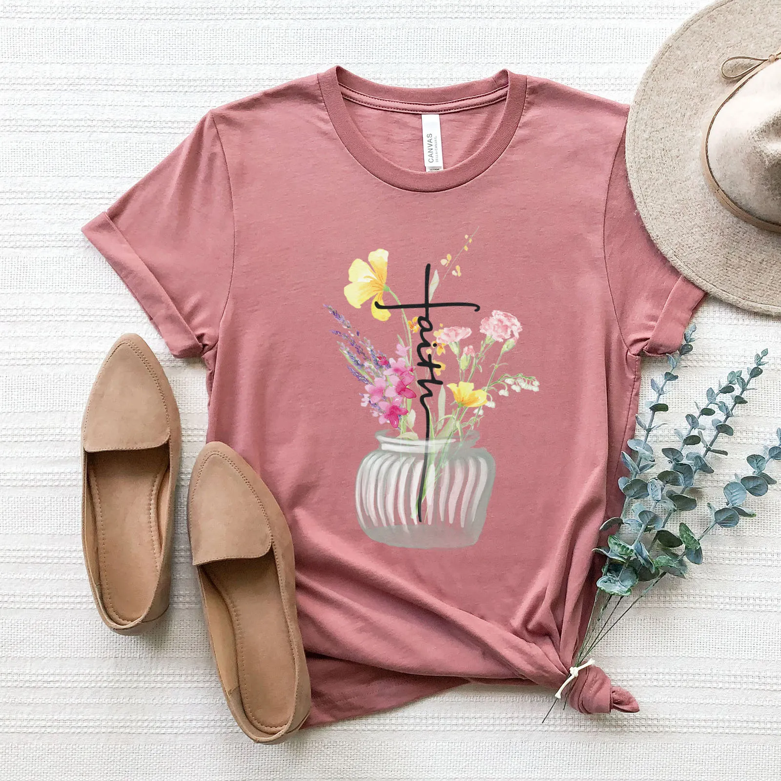 Faith Cross Vase Tee Shirts For Women - Christian Shirts for Women - Religious Tee Shirts