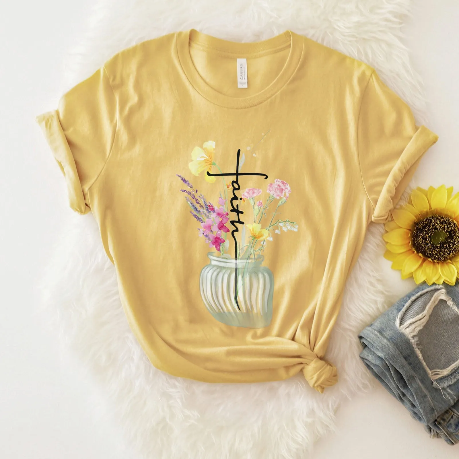 Faith Cross Vase Tee Shirts For Women - Christian Shirts for Women - Religious Tee Shirts