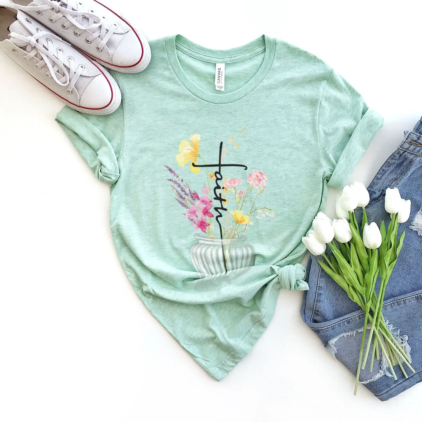 Faith Cross Vase Tee Shirts For Women - Christian Shirts for Women - Religious Tee Shirts