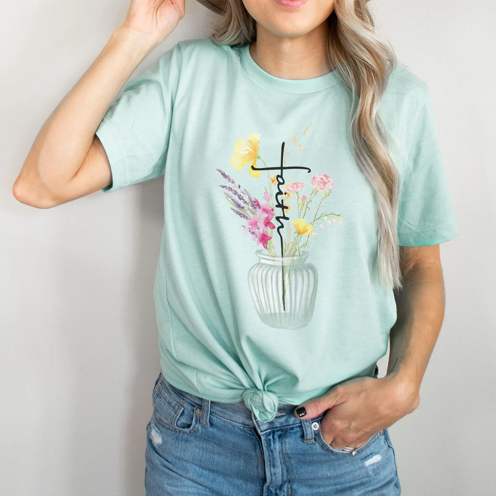 Faith Cross Vase Tee Shirts For Women - Christian Shirts for Women - Religious Tee Shirts