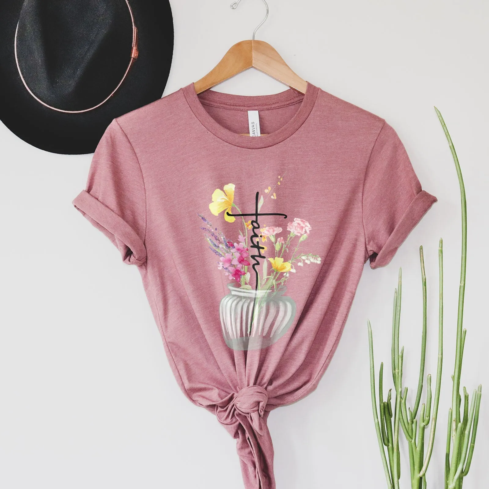 Faith Cross Vase Tee Shirts For Women - Christian Shirts for Women - Religious Tee Shirts