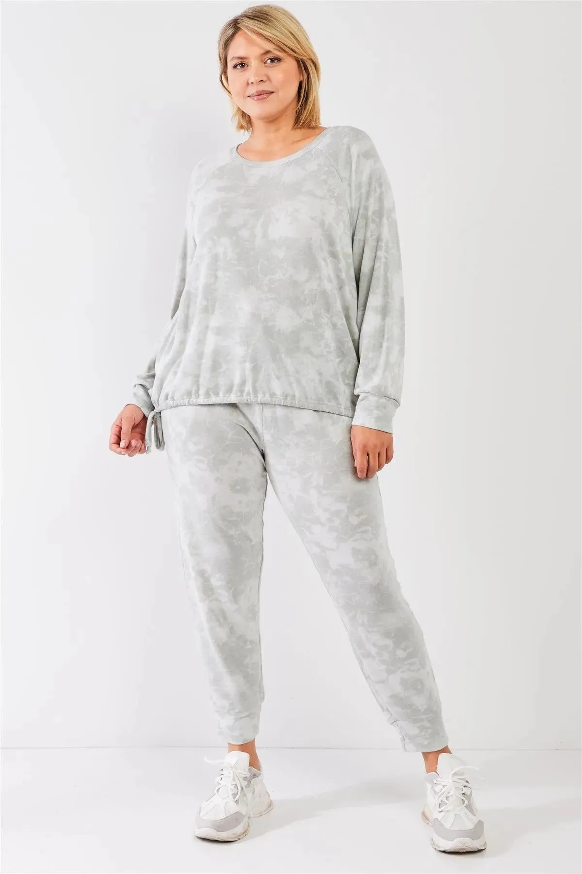 Junior Plus Sage Tie-Dye Bleached Effect High Waist Comfy Jogger Pants /3-2-1