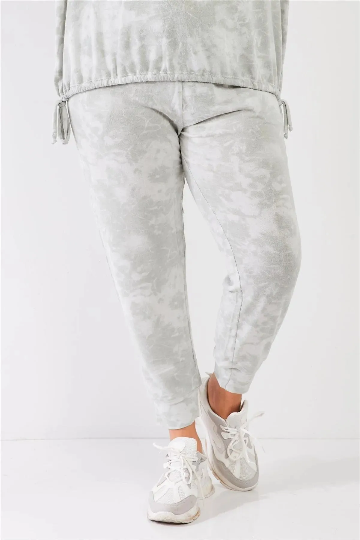 Junior Plus Sage Tie-Dye Bleached Effect High Waist Comfy Jogger Pants /3-2-1