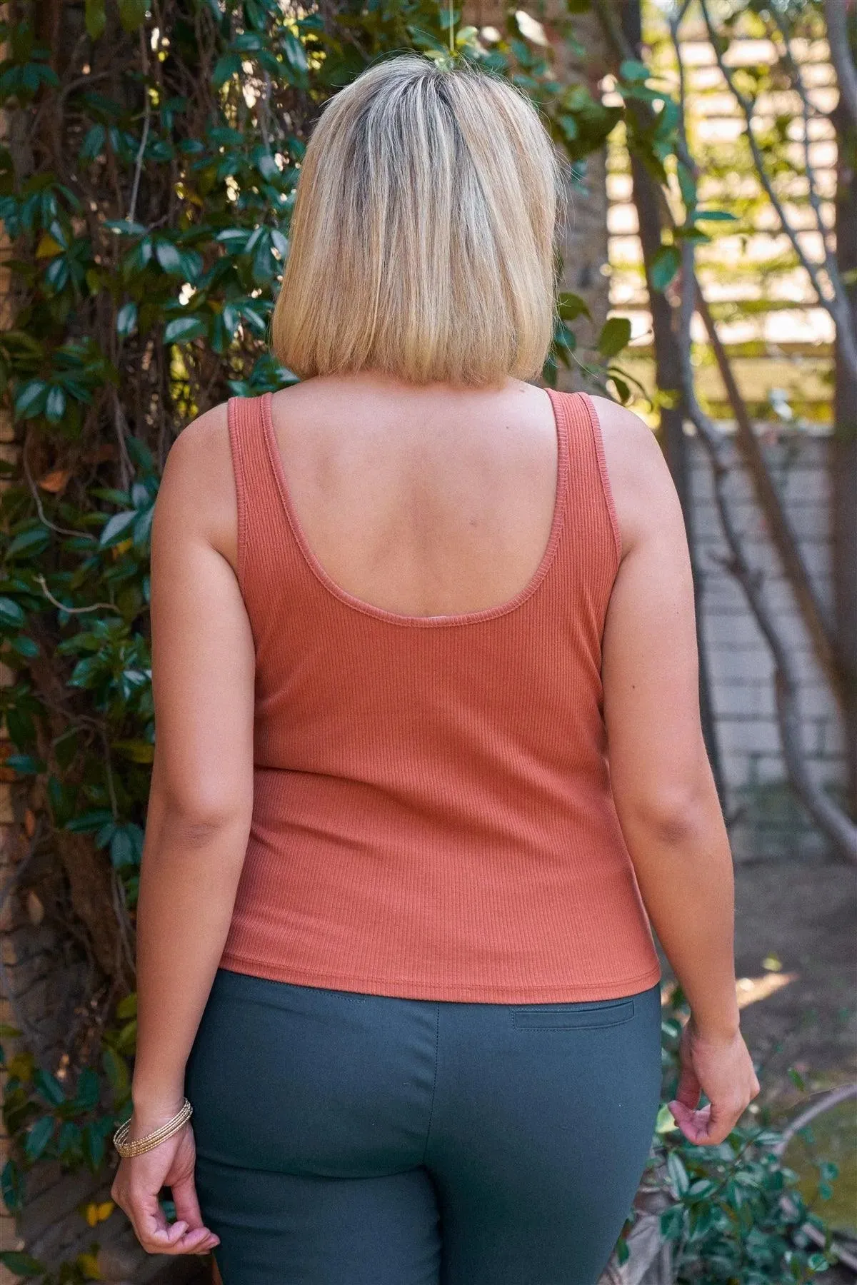 Junior Plus Terracotta Sleeveless Round Neck With Split Detail Ribbed Top /2-2-2