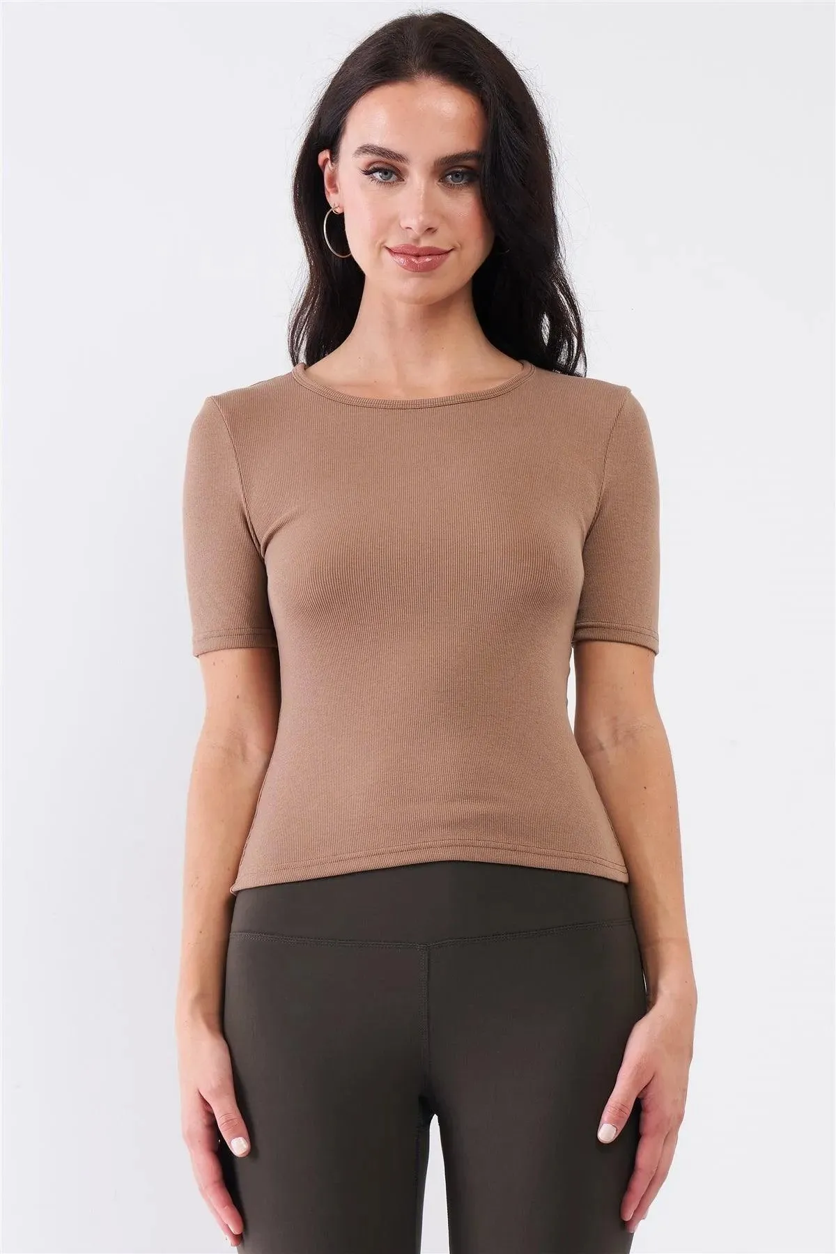 Mocha Light Ribbed Crew Neck Short Sleeve Basic Tee /3-2-1
