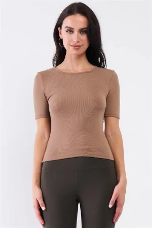 Mocha Light Ribbed Crew Neck Short Sleeve Basic Tee /3-2-1