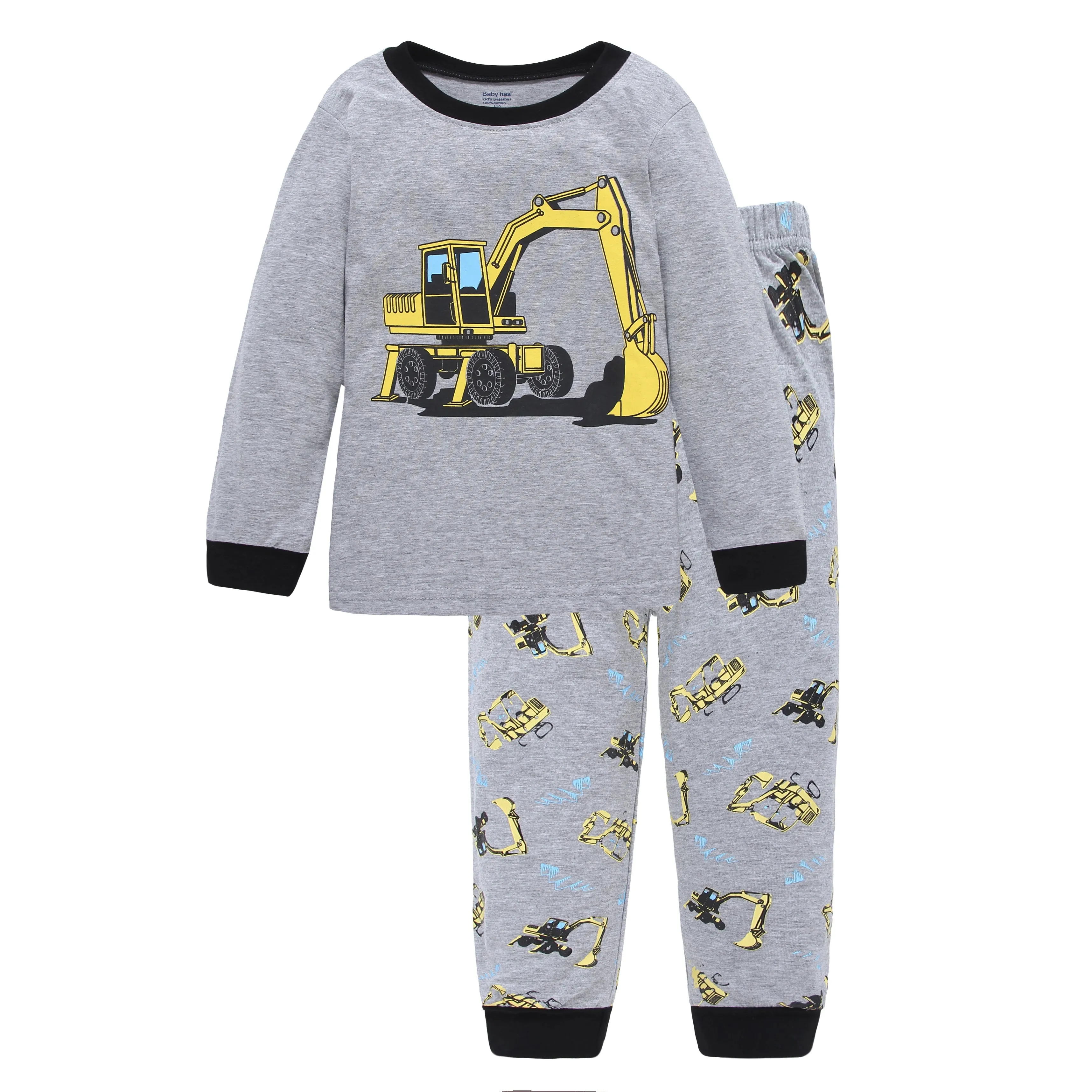New Spring Autumn Children's Homewear Set Grey Long sleeved Pants Set Boys Girls Pajamas excavator Nightwear