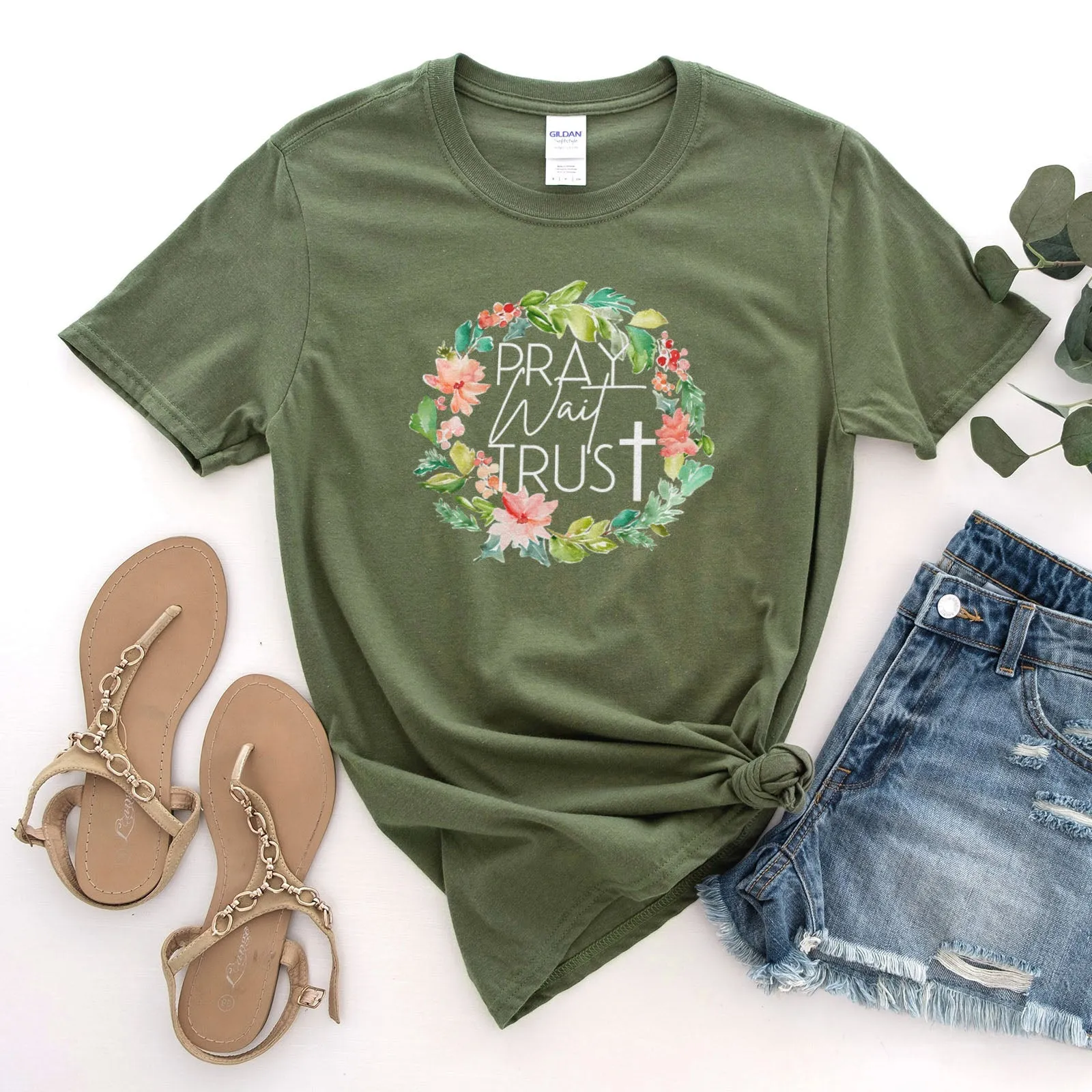 Pray Wait Trust Wreath Tee Shirts For Women - Christian Shirts for Women - Religious Tee Shirts