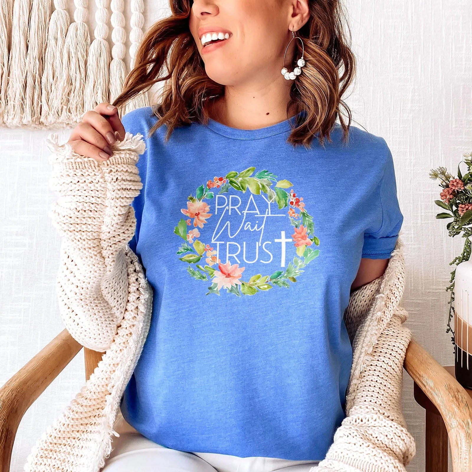 Pray Wait Trust Wreath Tee Shirts For Women - Christian Shirts for Women - Religious Tee Shirts