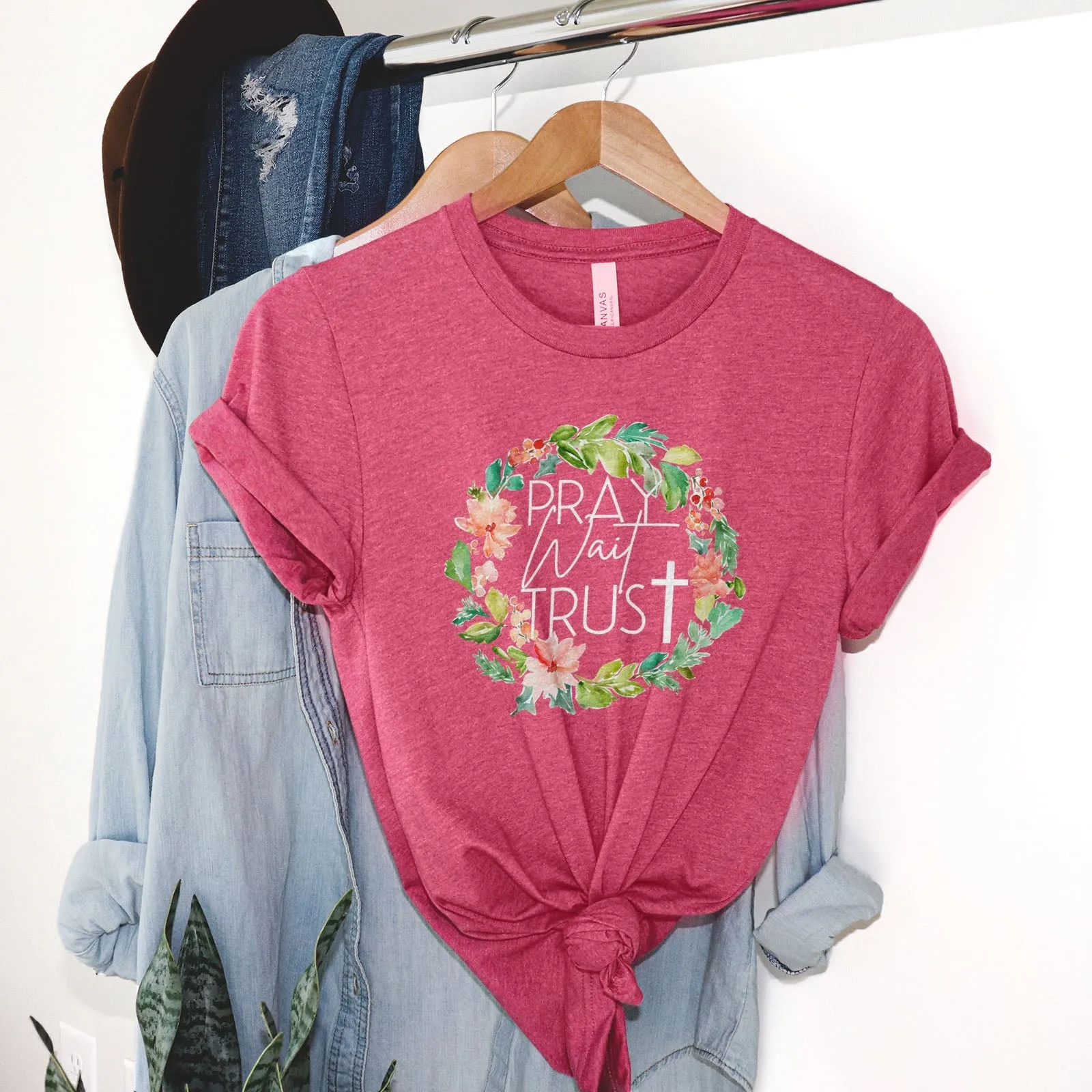 Pray Wait Trust Wreath Tee Shirts For Women - Christian Shirts for Women - Religious Tee Shirts