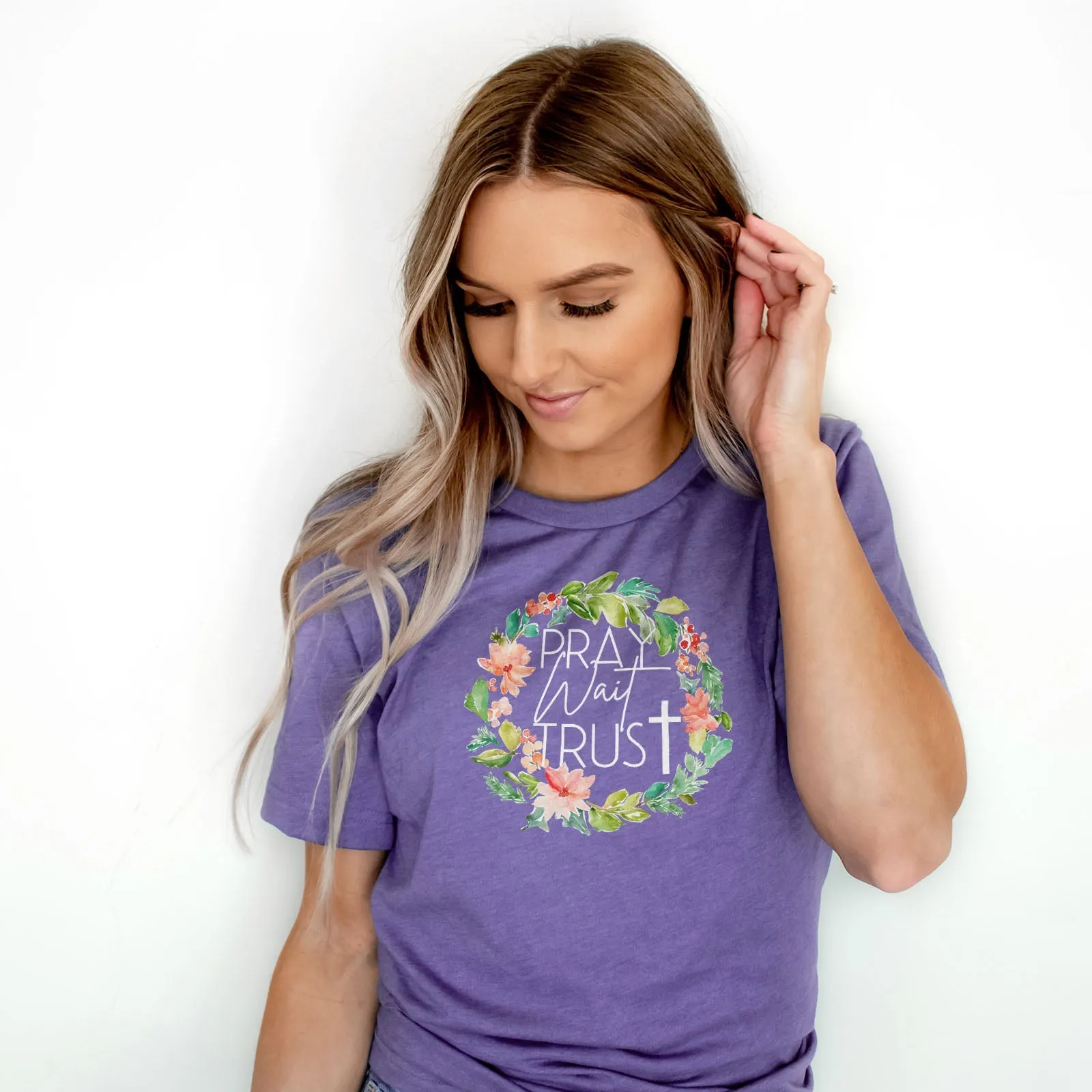 Pray Wait Trust Wreath Tee Shirts For Women - Christian Shirts for Women - Religious Tee Shirts