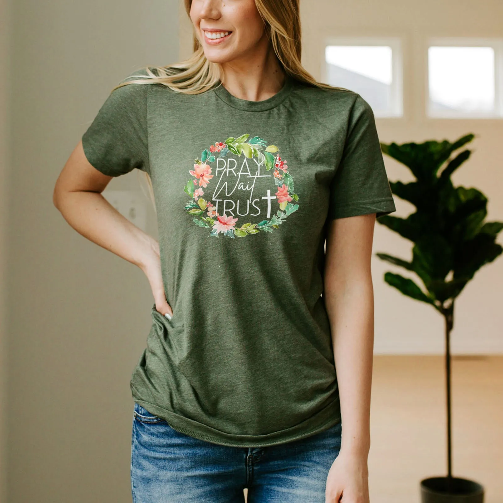 Pray Wait Trust Wreath Tee Shirts For Women - Christian Shirts for Women - Religious Tee Shirts