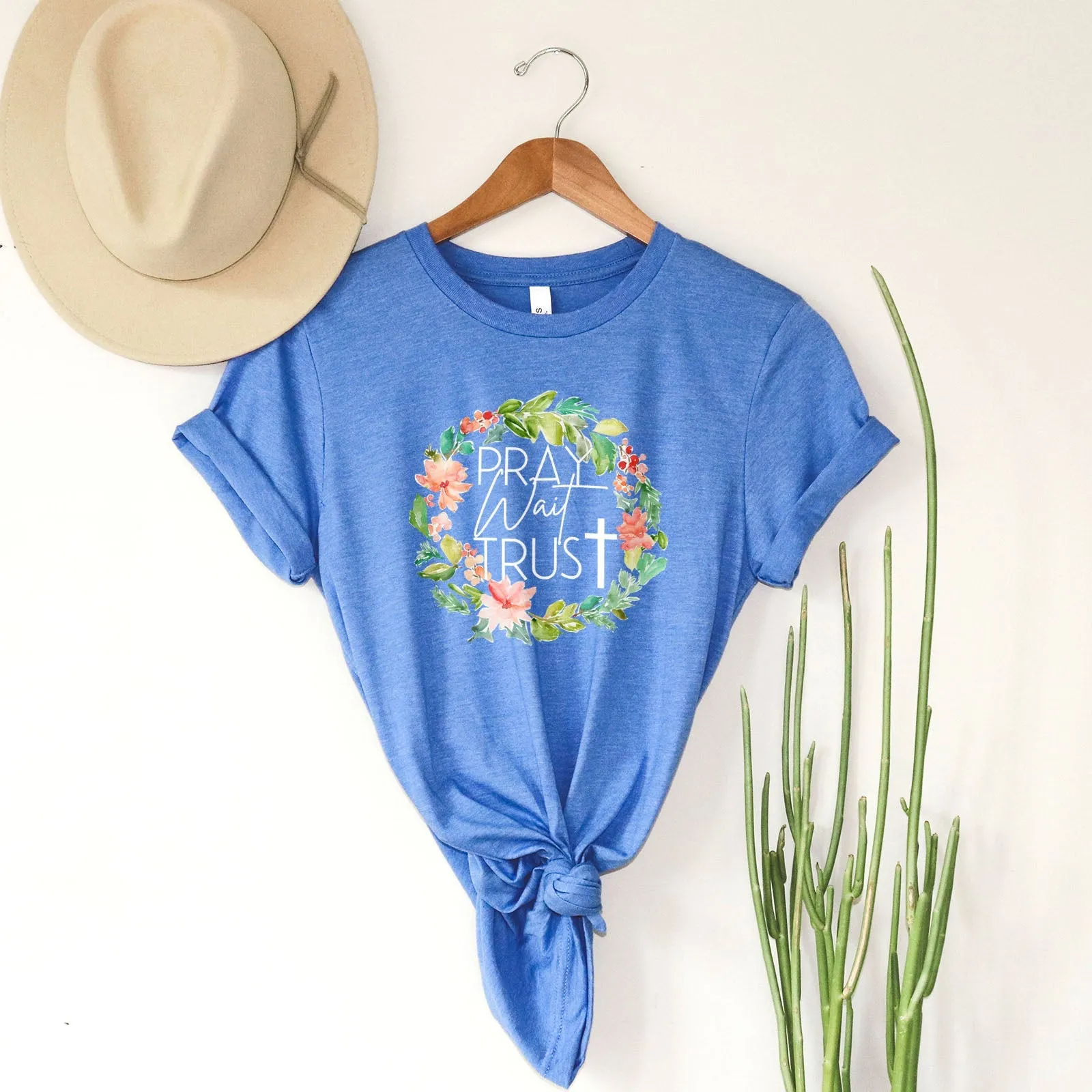 Pray Wait Trust Wreath Tee Shirts For Women - Christian Shirts for Women - Religious Tee Shirts