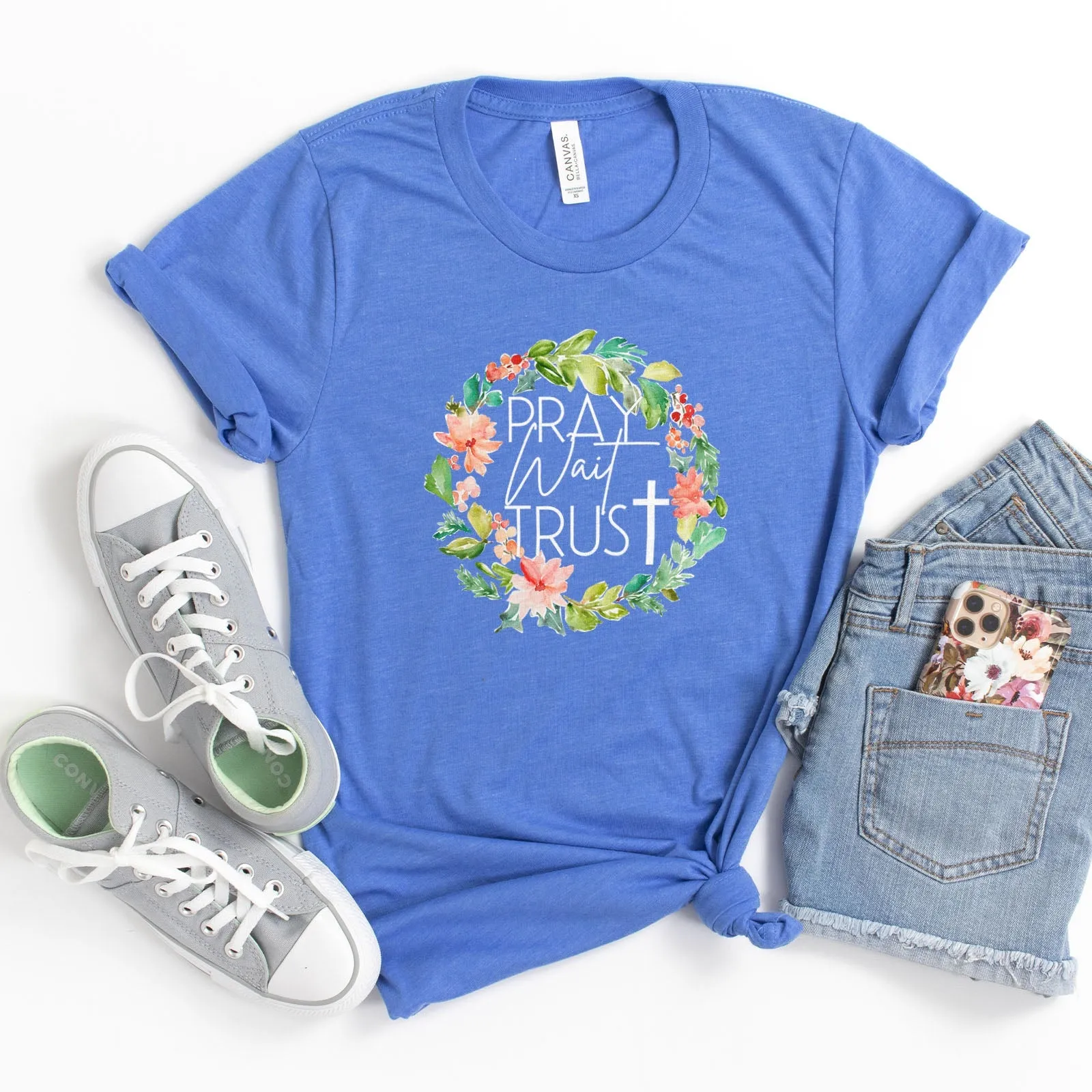 Pray Wait Trust Wreath Tee Shirts For Women - Christian Shirts for Women - Religious Tee Shirts