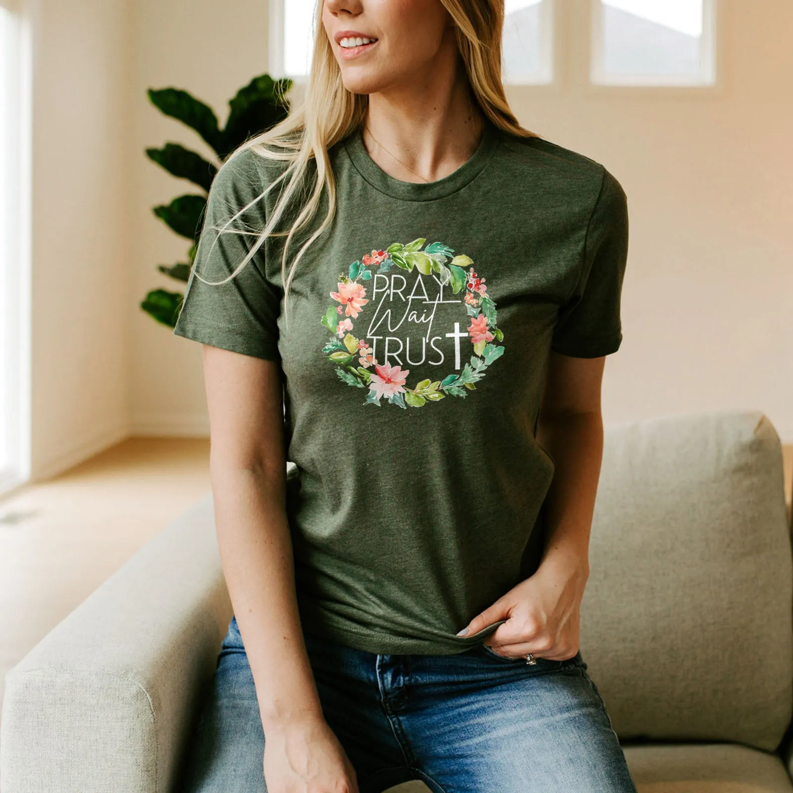 Pray Wait Trust Wreath Tee Shirts For Women - Christian Shirts for Women - Religious Tee Shirts