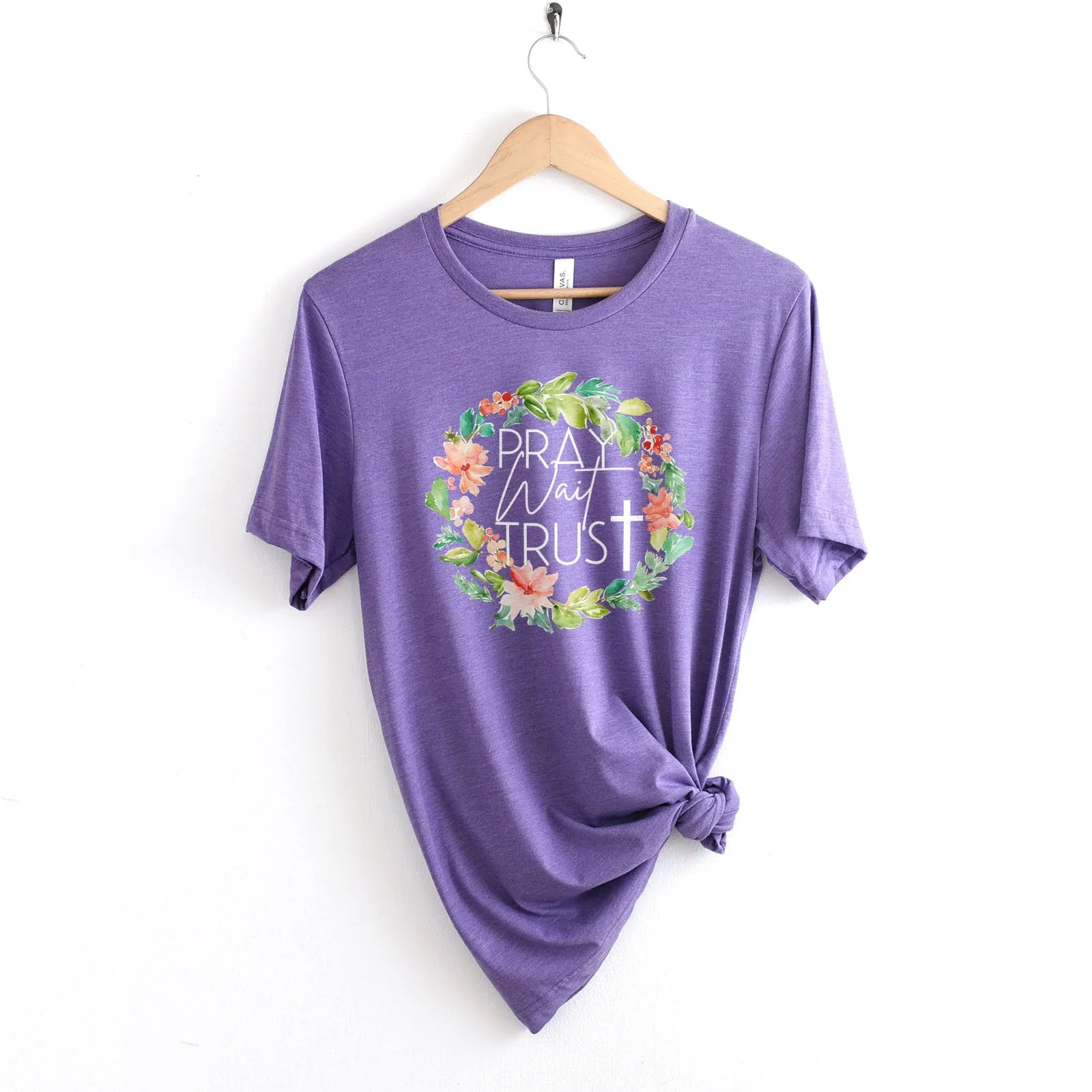 Pray Wait Trust Wreath Tee Shirts For Women - Christian Shirts for Women - Religious Tee Shirts