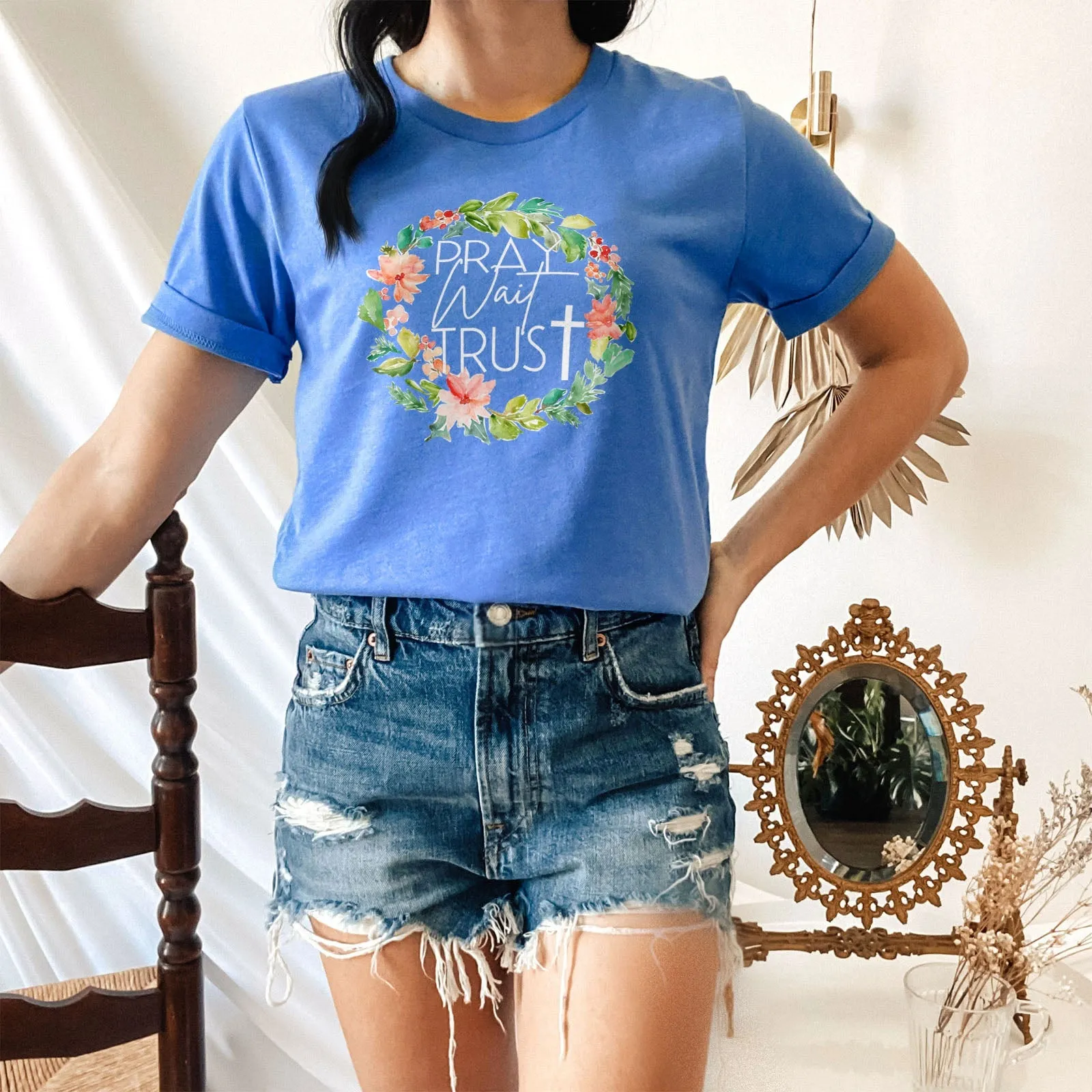 Pray Wait Trust Wreath Tee Shirts For Women - Christian Shirts for Women - Religious Tee Shirts