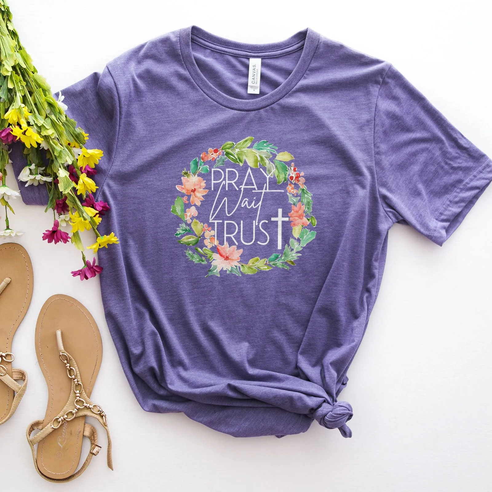 Pray Wait Trust Wreath Tee Shirts For Women - Christian Shirts for Women - Religious Tee Shirts