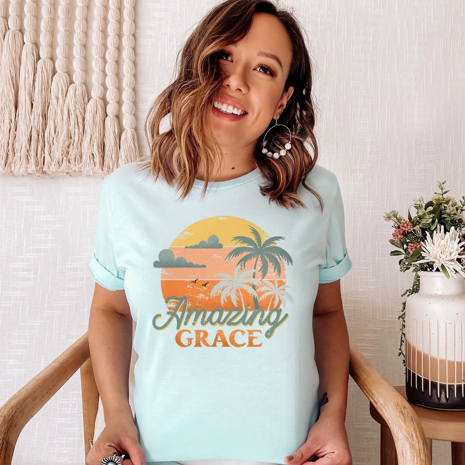 Retro. Amazing Grace Tee Shirts For Women - Christian Shirts for Women - Religious Tee Shirts