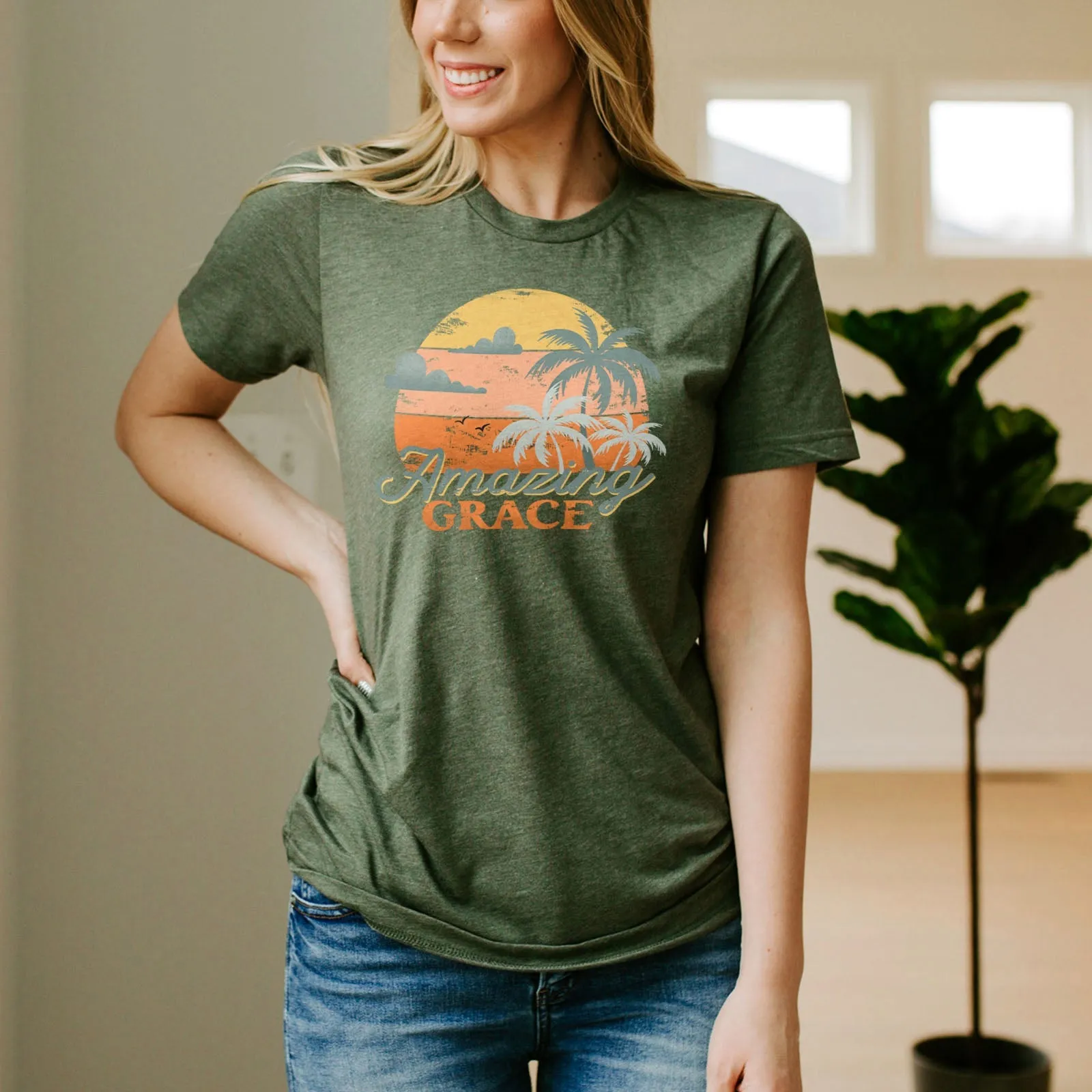 Retro. Amazing Grace Tee Shirts For Women - Christian Shirts for Women - Religious Tee Shirts