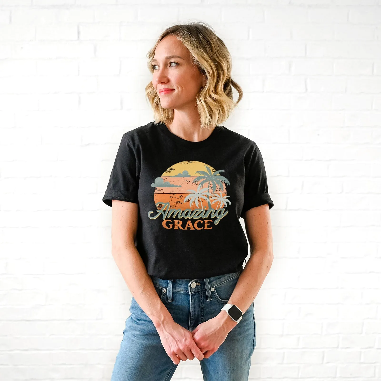 Retro. Amazing Grace Tee Shirts For Women - Christian Shirts for Women - Religious Tee Shirts