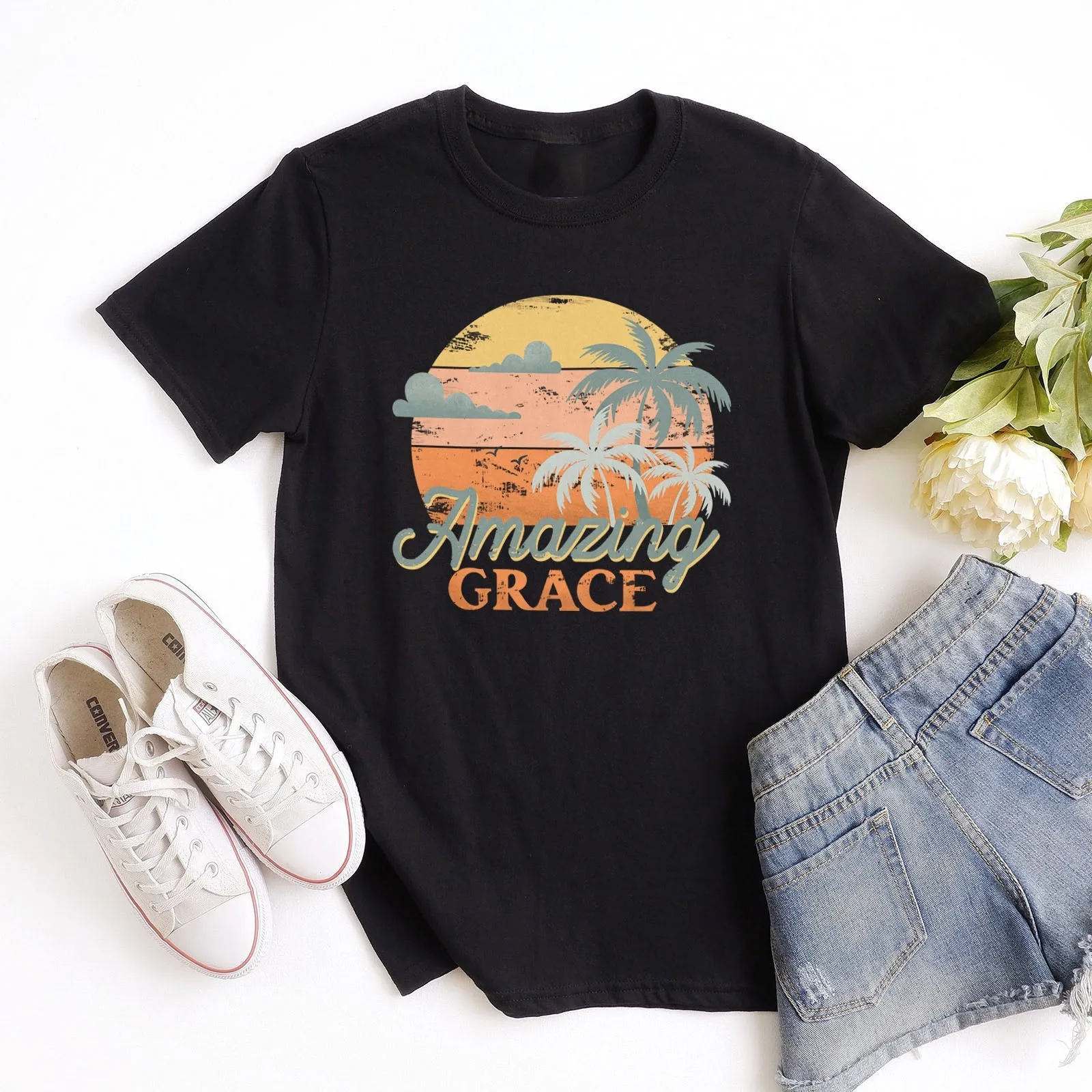 Retro. Amazing Grace Tee Shirts For Women - Christian Shirts for Women - Religious Tee Shirts