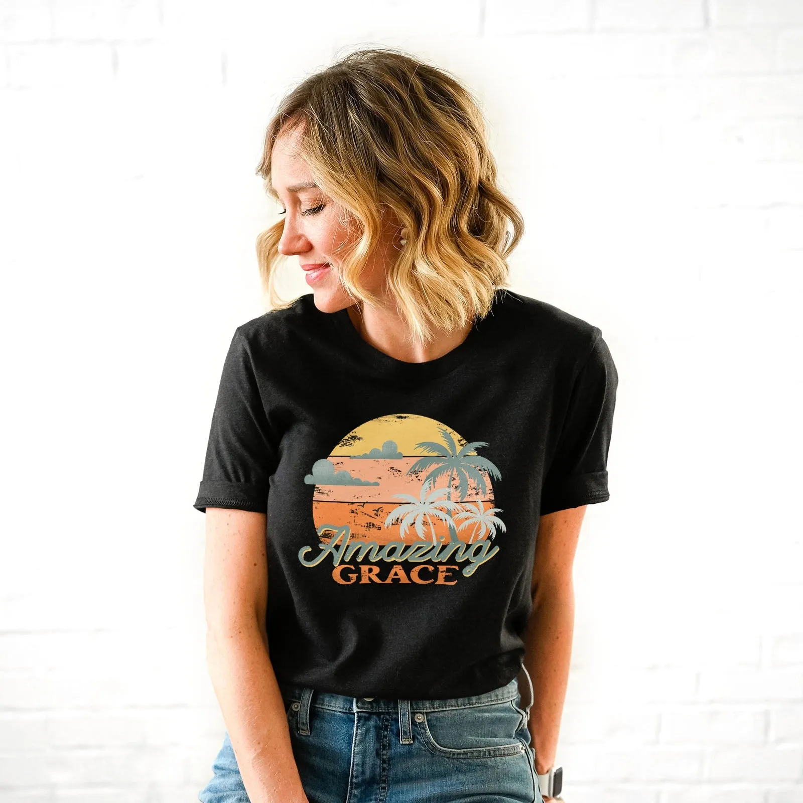 Retro. Amazing Grace Tee Shirts For Women - Christian Shirts for Women - Religious Tee Shirts